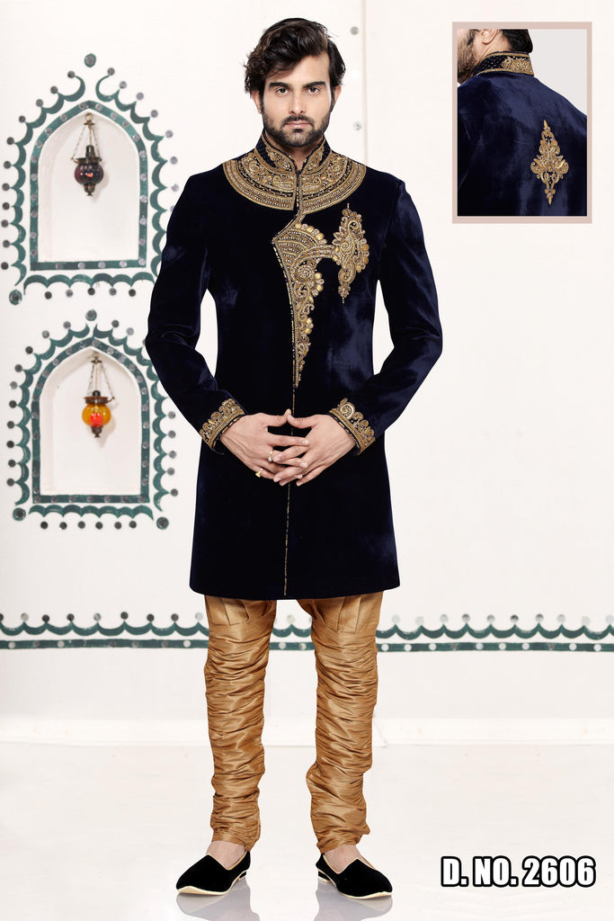 Velvet Navy Blue Breeches Style Sherwani