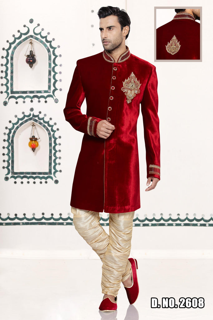Red Velvet Breeches Style Sherwani