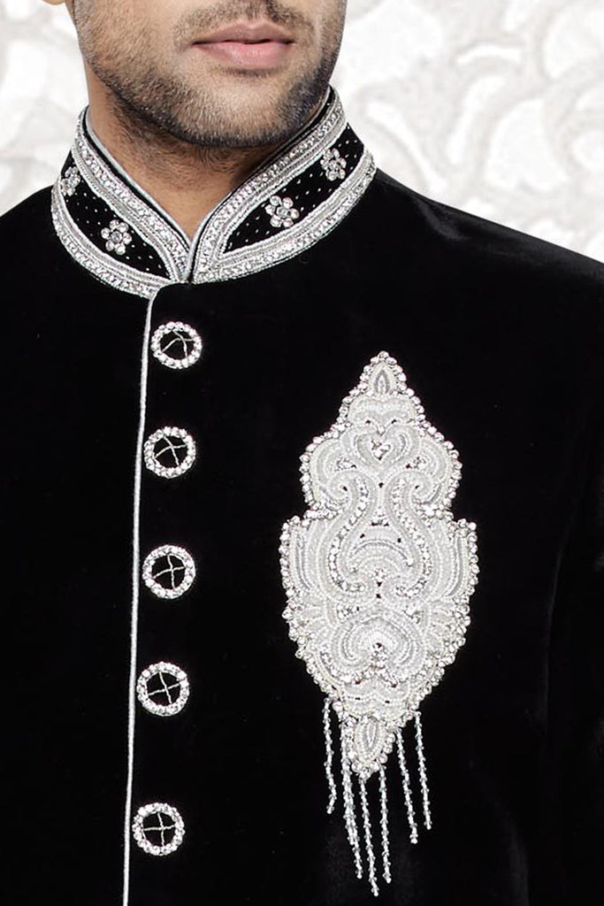 Zardosi Embroidered Velvet Sherwani in Black