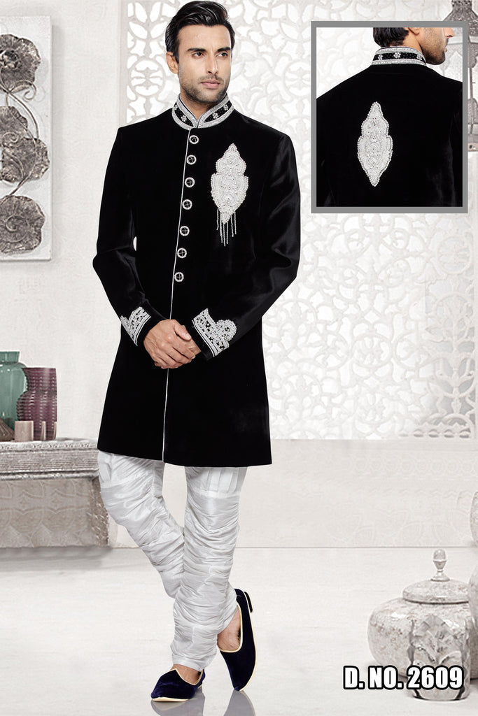 Zardosi Embroidered Velvet Sherwani in Black