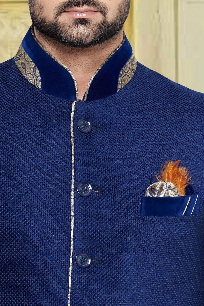 Blue Colour with the fabric of Jute Silk Bridegroom Sherwani - RAJSHRIFASHIONS