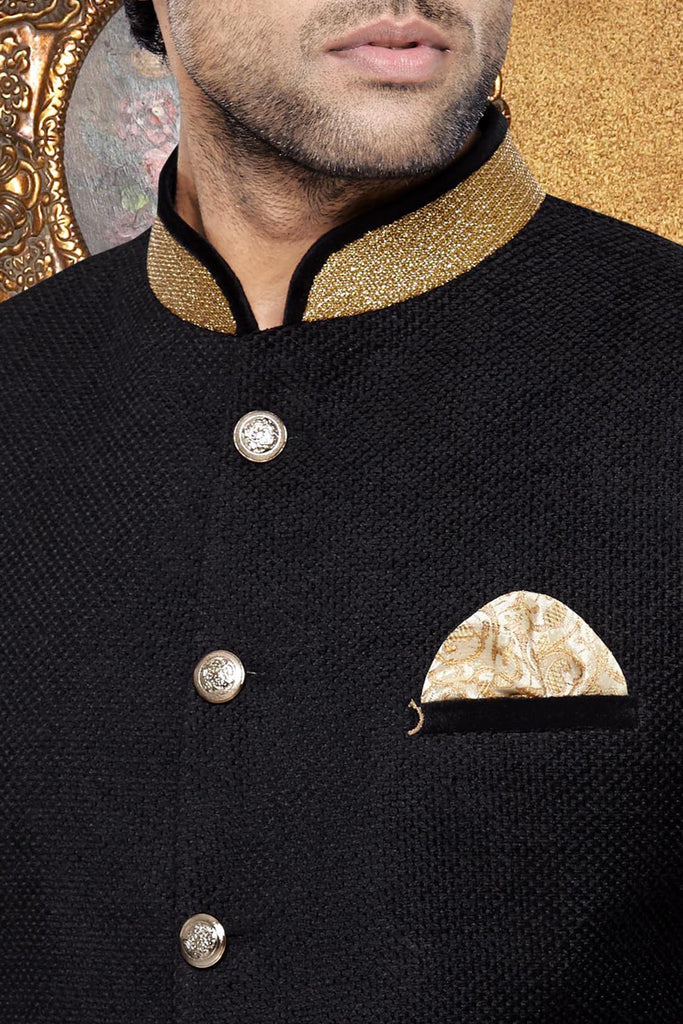 Black Colour with the fabric of Jacquard Bridegroom Sherwani - RAJSHRIFASHIONS