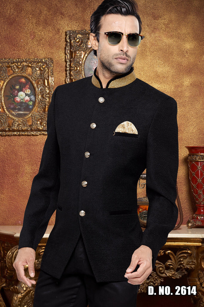 Black Colour with the fabric of Jacquard Bridegroom Sherwani - RAJSHRIFASHIONS