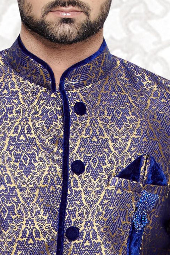 Blue With Gold Art Silk Indowestern Sherwani - RAJSHRIFASHIONS