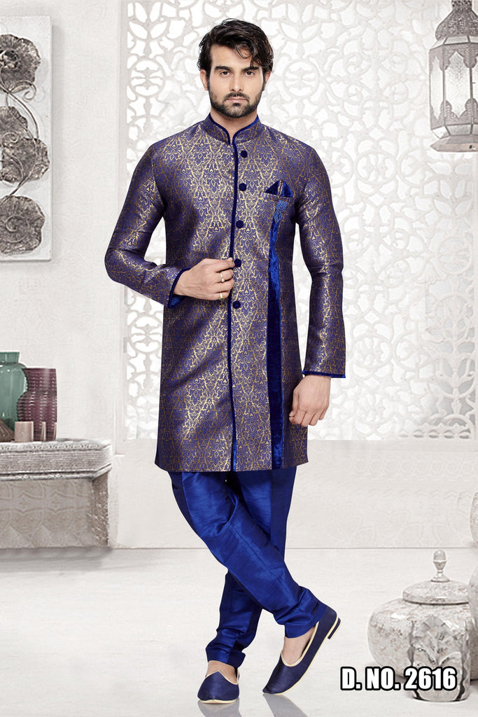 Blue With Gold Art Silk Indowestern Sherwani - RAJSHRIFASHIONS