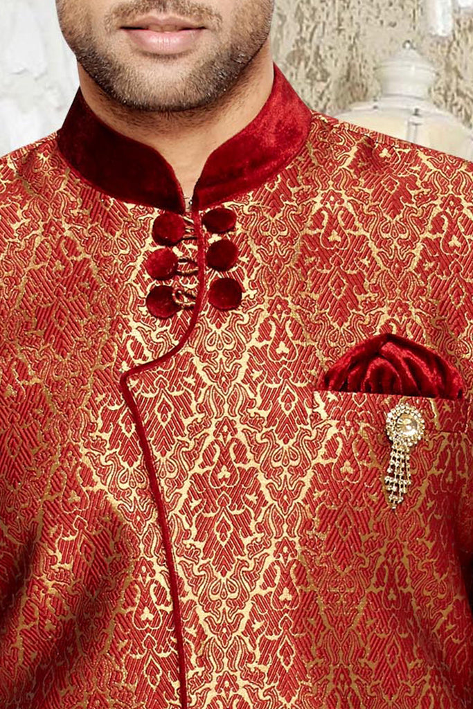 Red N Gold Art Silk Indowestern Sherwani