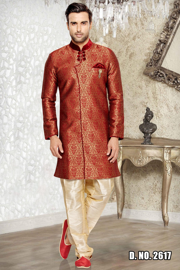 Red N Gold Art Silk Indowestern Sherwani