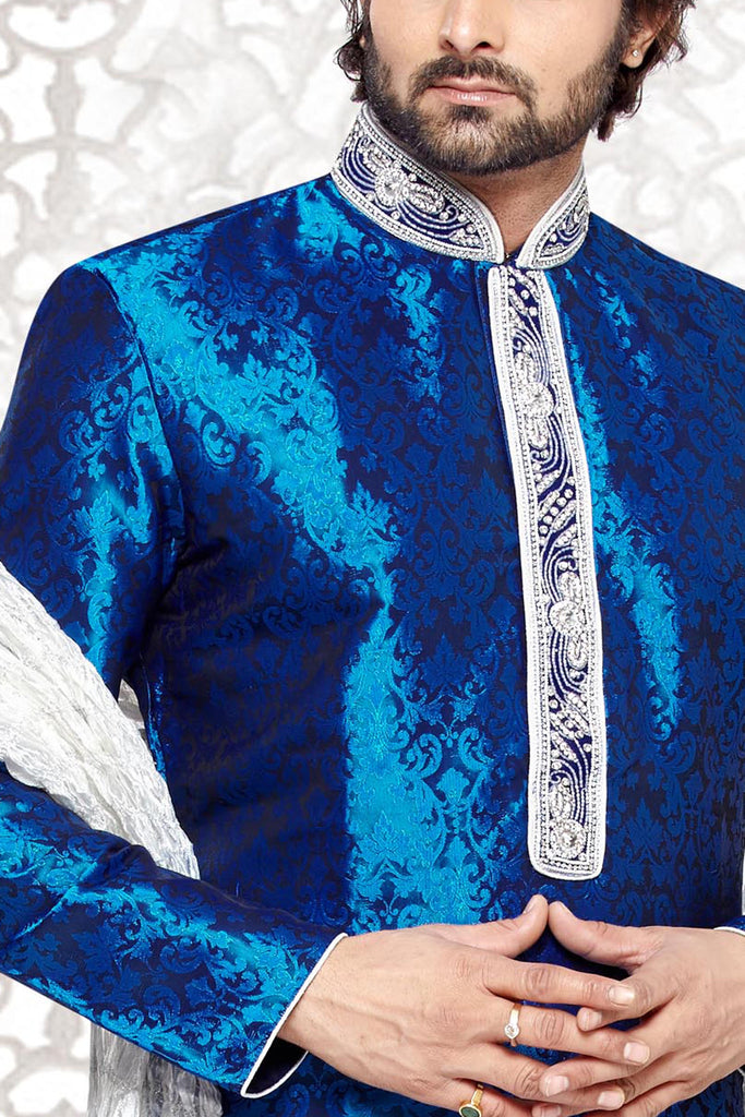 Brocade Art Silk Blue Designer Kurta
