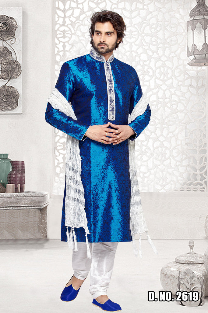 Brocade Art Silk Blue Designer Kurta - RAJSHRIFASHIONS