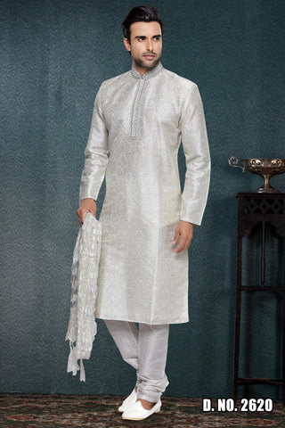 Off White Brocade Art Silk Kurta