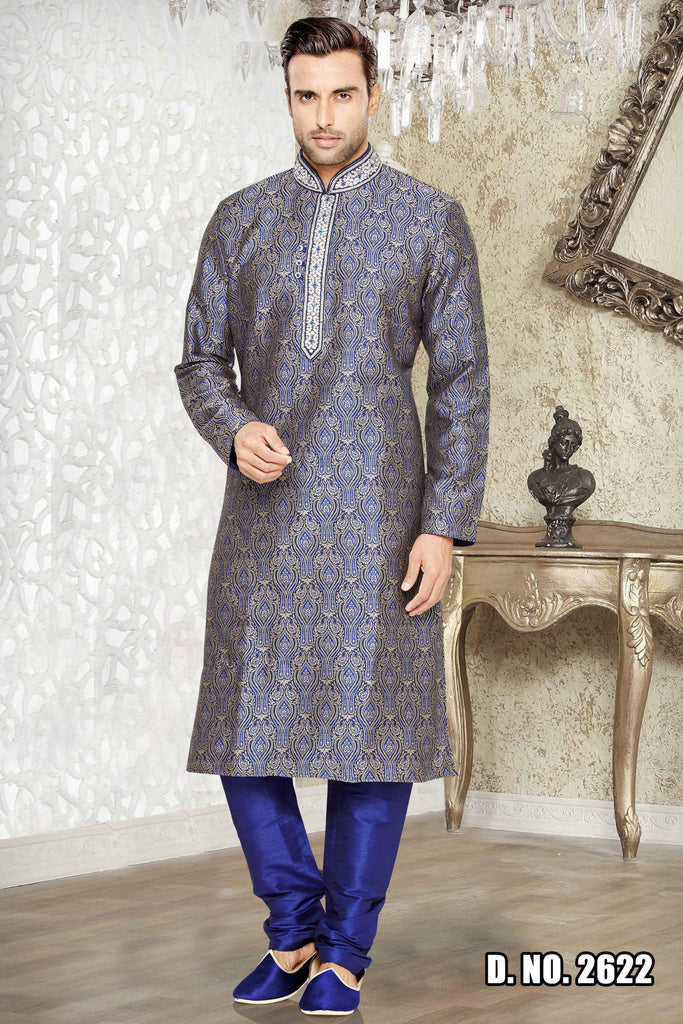 Blue Jaqard Art Silk Kurta - RAJSHRIFASHIONS