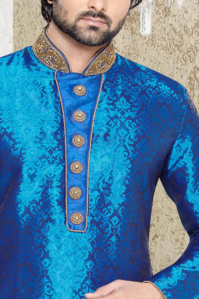 Blue Brocade Art Silk Kurta - RAJSHRIFASHIONS