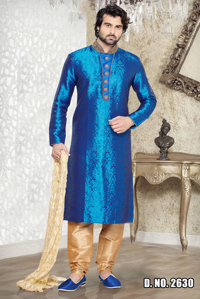 Blue Brocade Art Silk Kurta - RAJSHRIFASHIONS