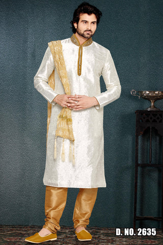 Off  White Brocade Art Silk Kurta