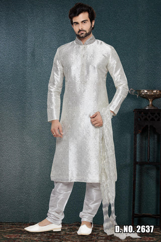 Off White Brocade Art Silk Kurta