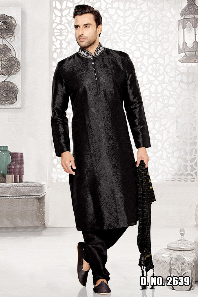 Black Brocade Art Silk Kurta - RAJSHRIFASHIONS