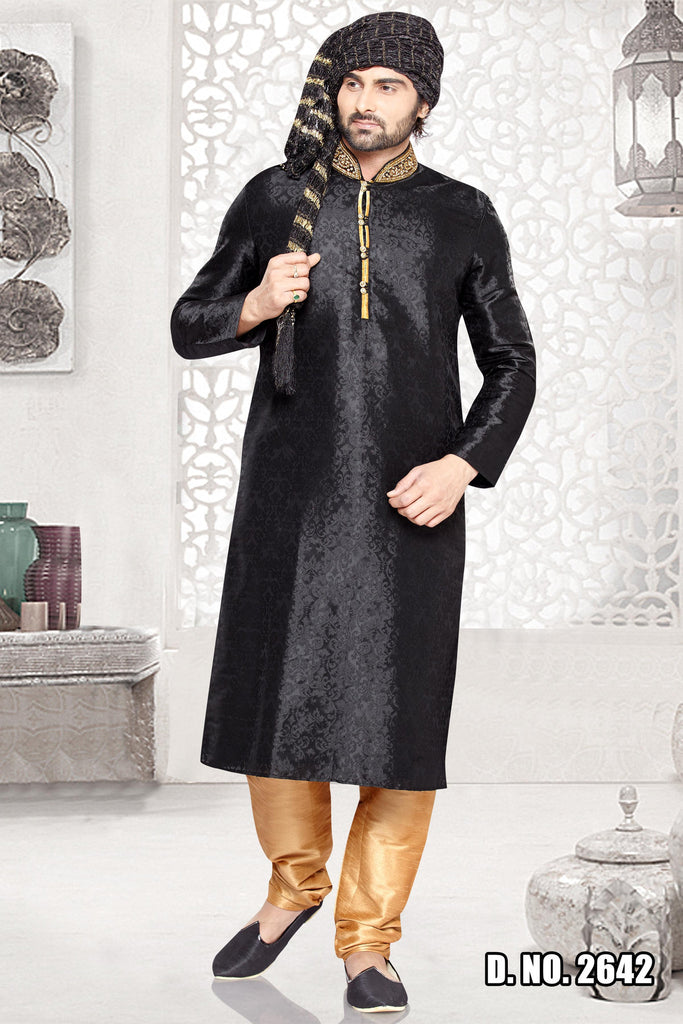 Black Brocade Art Silk Kurta - RAJSHRIFASHIONS