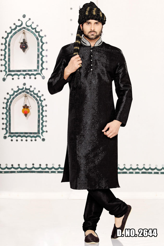 Black Brocade Art Silk Kurta - RAJSHRIFASHIONS