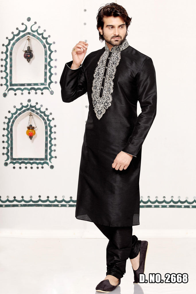 Black Dupion Art silk Kurta - RAJSHRIFASHIONS