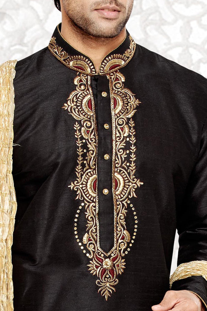 Black Dupion Art silk Kurta - RAJSHRIFASHIONS