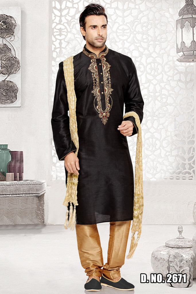 Black Dupion Art silk Kurta - RAJSHRIFASHIONS