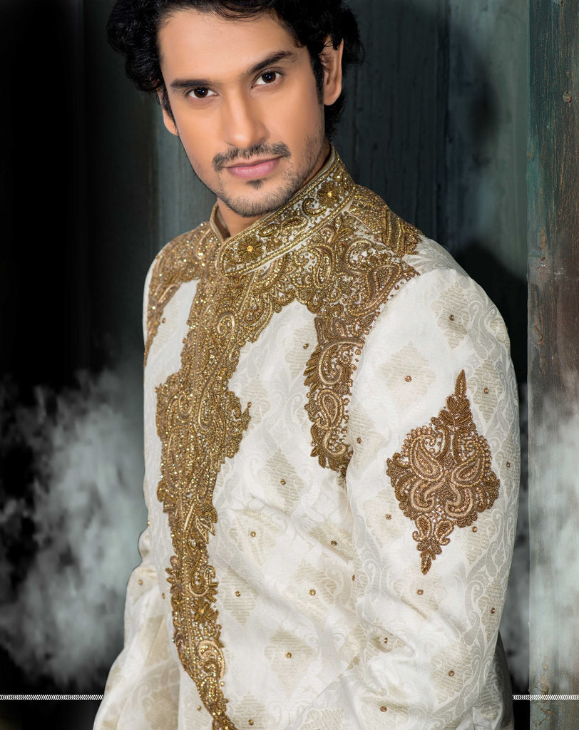 Cream Jamewar  Pure Silk Wedding Sherwani