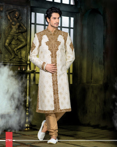 Cream Jamewar  Pure Silk Wedding Sherwani