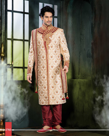 Beige Jamewar Pure Silk Wedding  Sherwani