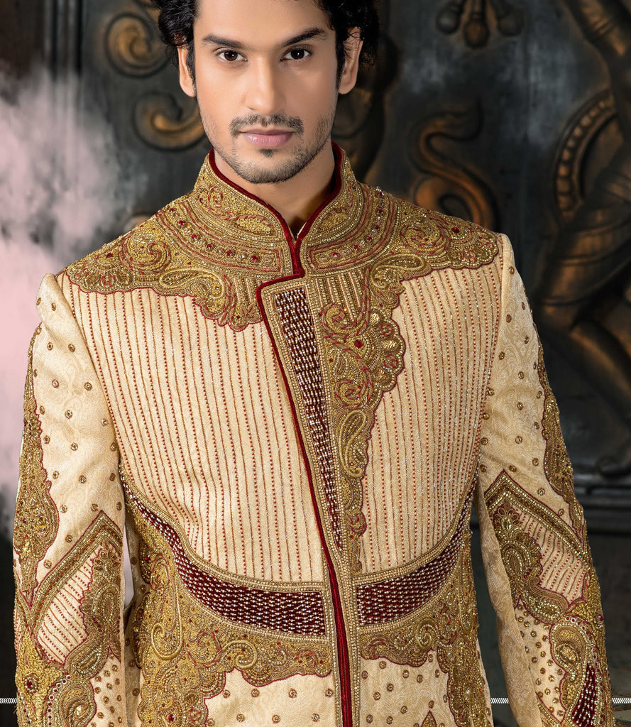 Gold  Gichha Pure Silk Wedding Sherwani