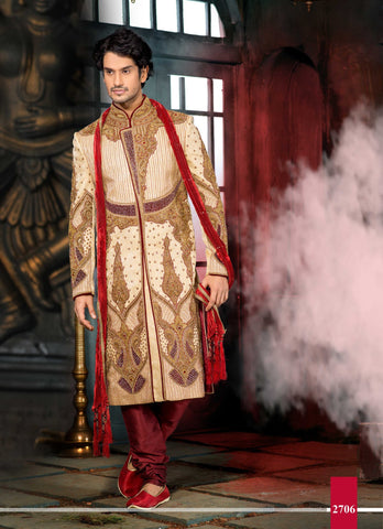 Gold  Gichha Pure Silk Wedding Sherwani