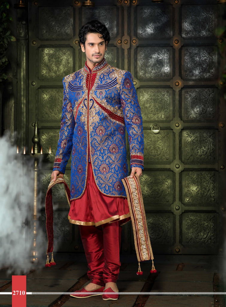 Blue Jamewar  Pure Silk 3 Pcs Indowestern