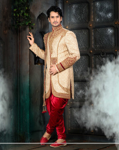 Beige Gichha Pure Silk Indowestern Sherwani With Embroidery work