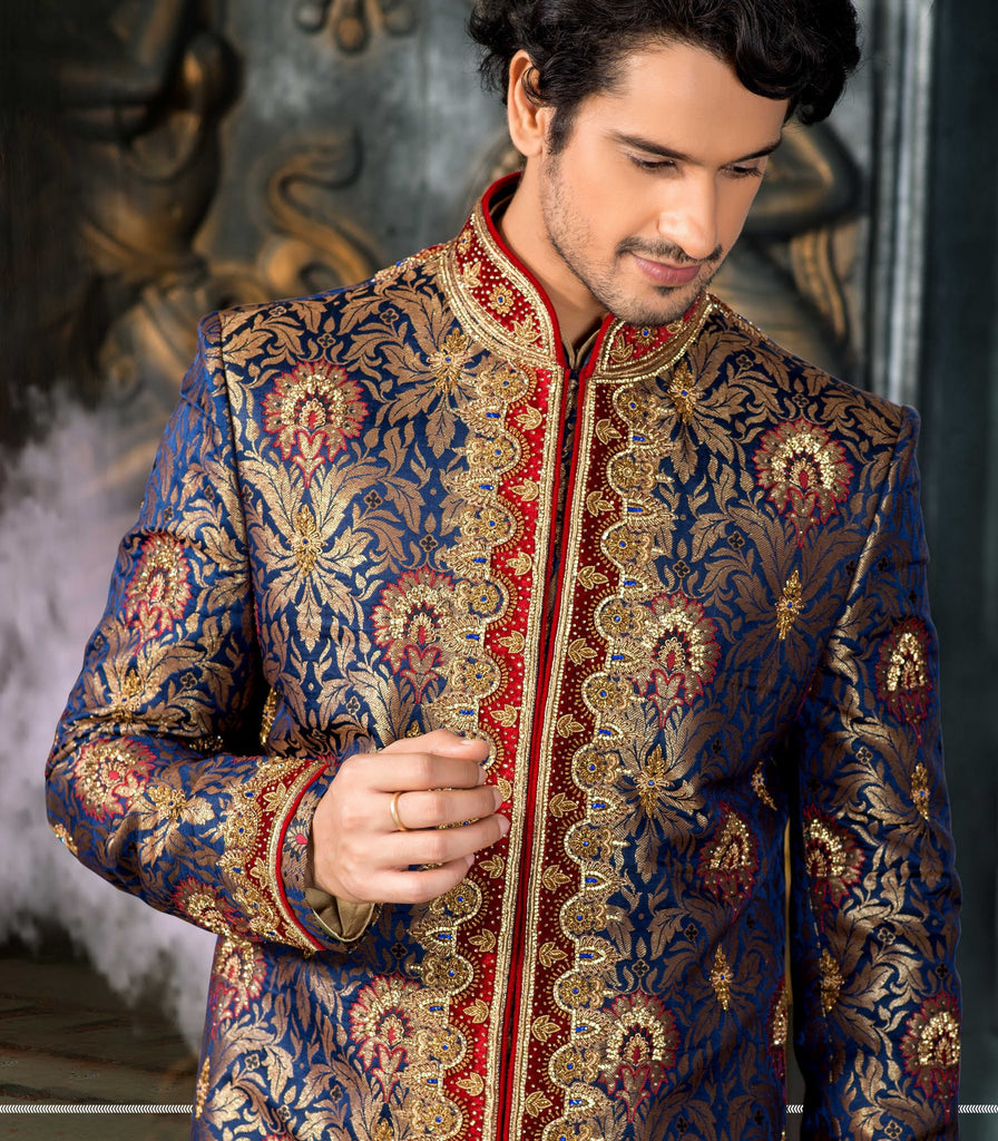 Blue Jamewar Pure Silk 3Pcs Indowestern