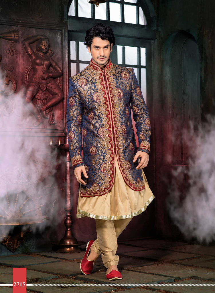 Blue Jamewar Pure Silk 3Pcs Indowestern