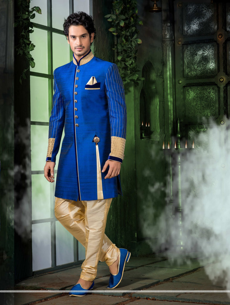 Blue Pure Raw Silk Indowestern