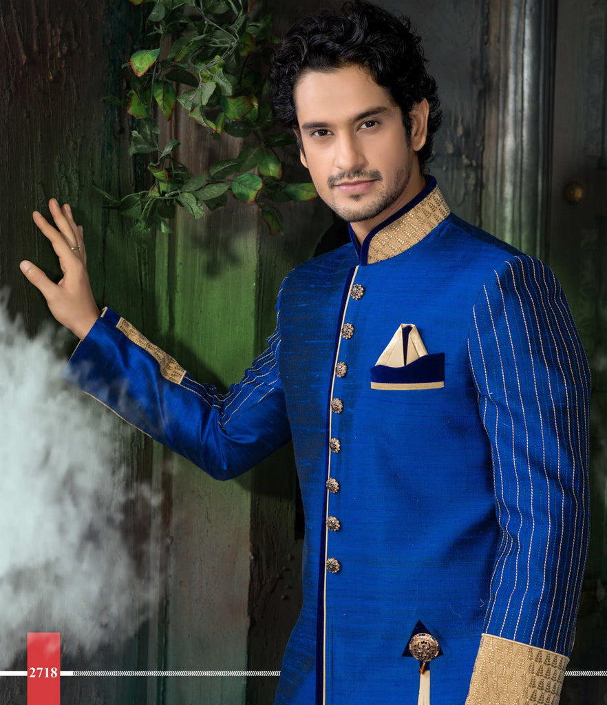 Blue Pure Raw Silk Indowestern