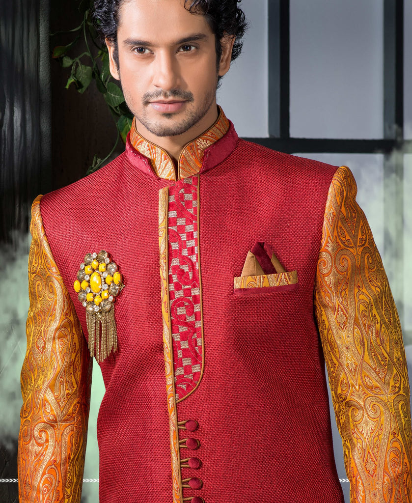Red Jute With Jamewar  Pure Silk Indowestern