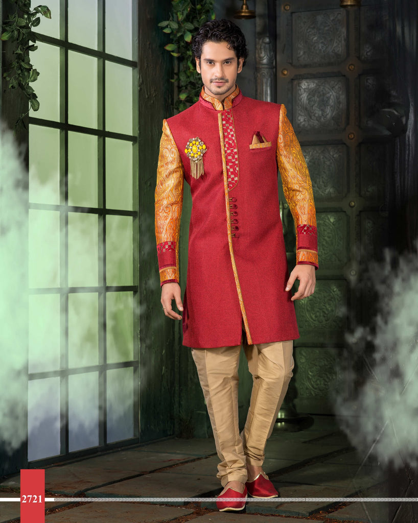 Red Jute With Jamewar  Pure Silk Indowestern