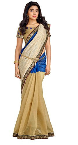 Vastreeni Majestic Hues and Drape this extraordinary designer wedding wear saptrangi saree blue and beige color