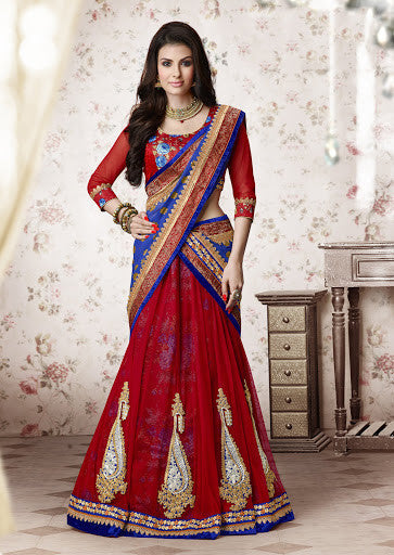 FLAUNT YOUR ELEGANCE WITH THIS MAROON AND BLUE LEHENGA 