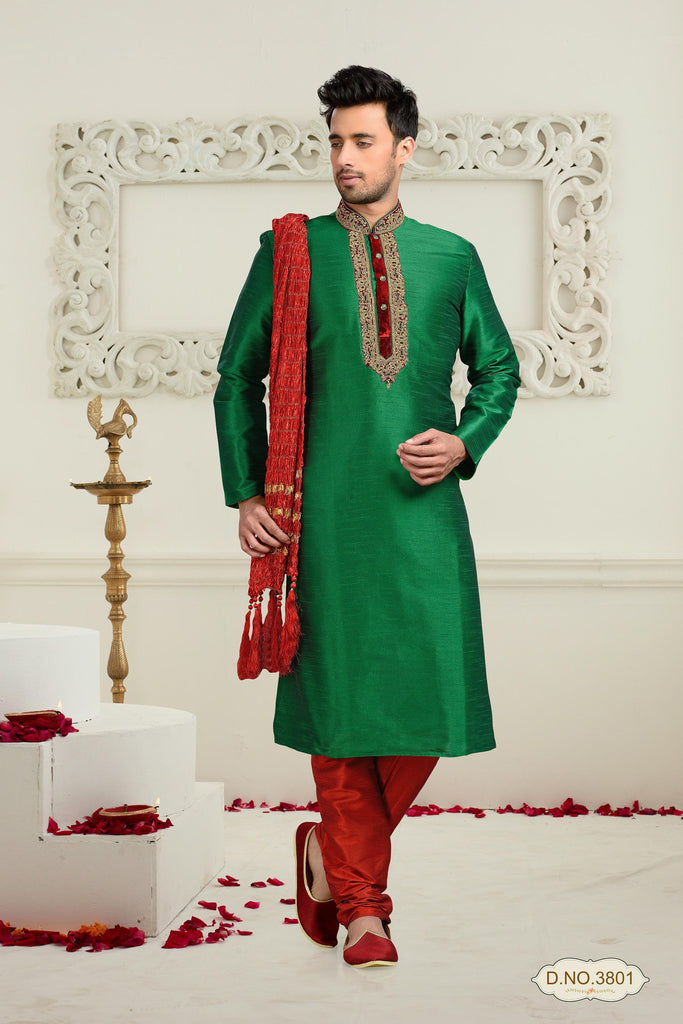 Green Color Dupion Art Silk Kurta Pyjama Stone Work