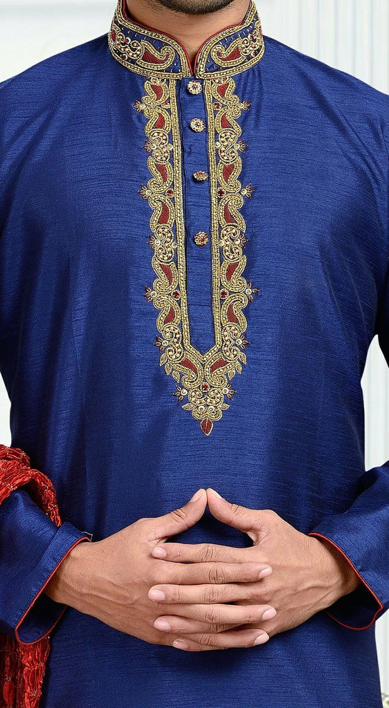 Blue Dupion Art Silk Kurta  Pyjama With Stone Work