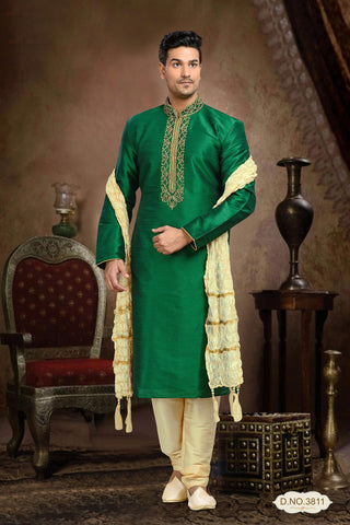 Green Dupion Art Silk Kurta Pyjama