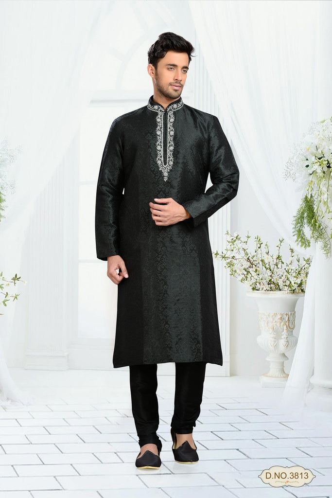 Black Brocade Kurta Pyjama With Stone Work