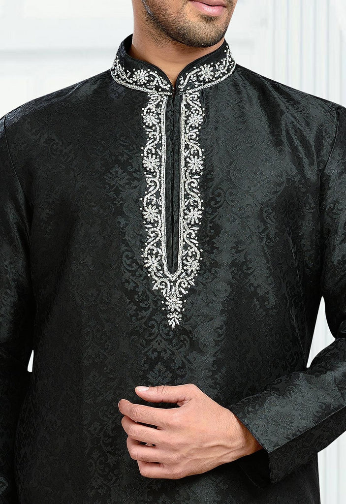 Black Brocade Kurta Pyjama With Stone Work