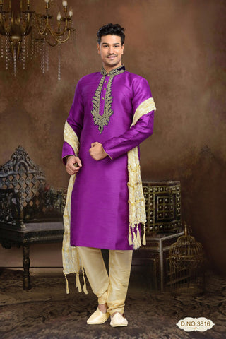 Purple Jacquard Art Silk Stone Work Kurta Pyjama