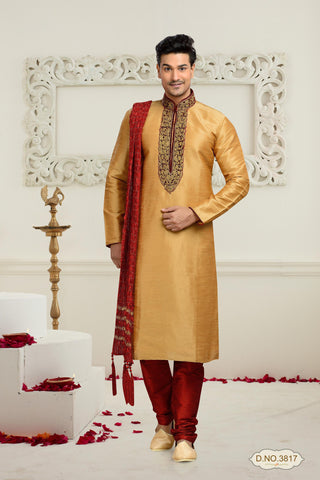 Chikoo Dupion Art Silk Kurta Pyjama With Thread Work