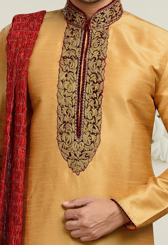 Chikoo Dupion Art Silk Kurta Pyjama With Thread Work