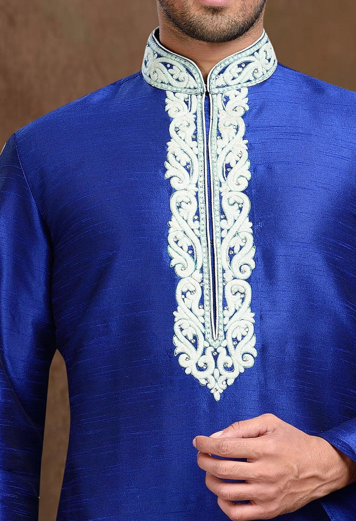 Blue Dupion Art Silk Kurta Pyjama Thread work