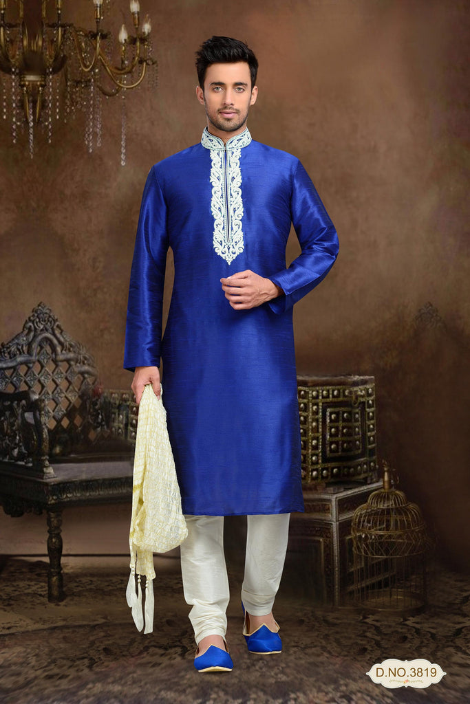 Blue Dupion Art Silk Kurta Pyjama Thread work